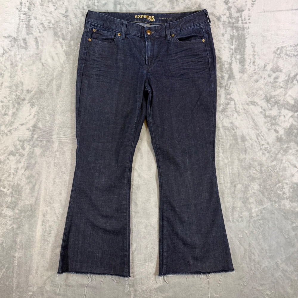 Express Eva Fit Flare Jeans Women's Size 12R Dark Blue Raw Hem Denim